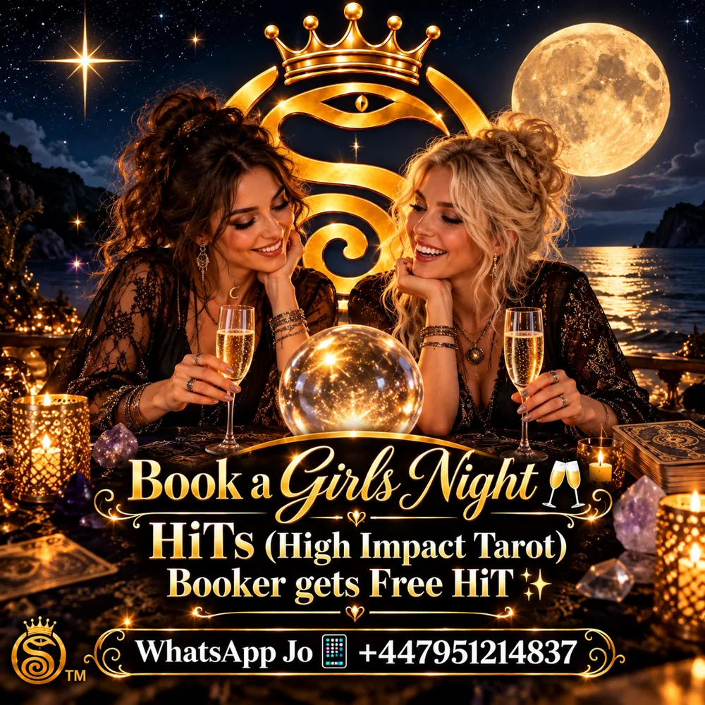 Two friends laughing over tarot cards and a crystal ball, Book a Girls Night High Impact Tarot