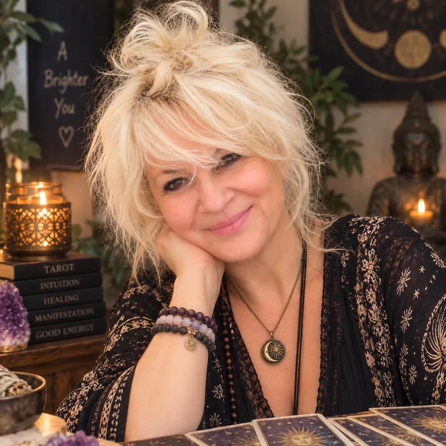 Jo, smiling at her reading table with tarot cards, crystals and candles
