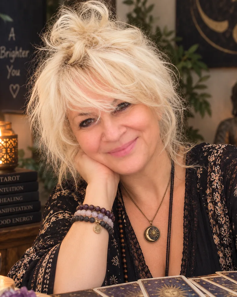 Jo, smiling at her reading table with tarot cards, crystals and candles